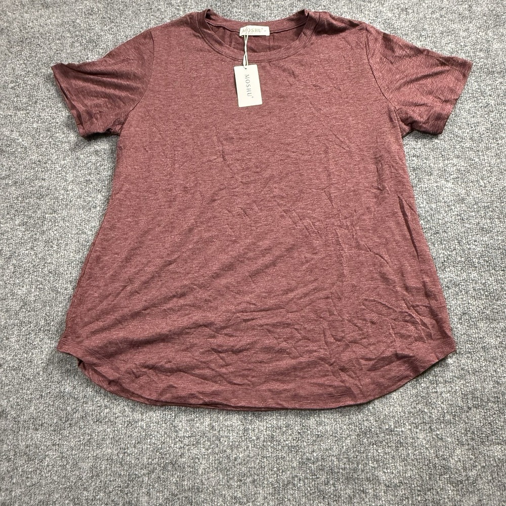 MOSHU Crew Neck T Shirt Large NWT Burgundy Heathered Short Sleeve Casual Top